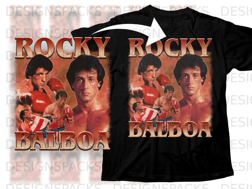 Black t-shirt with "Rocky Balboa" text and fighter images.