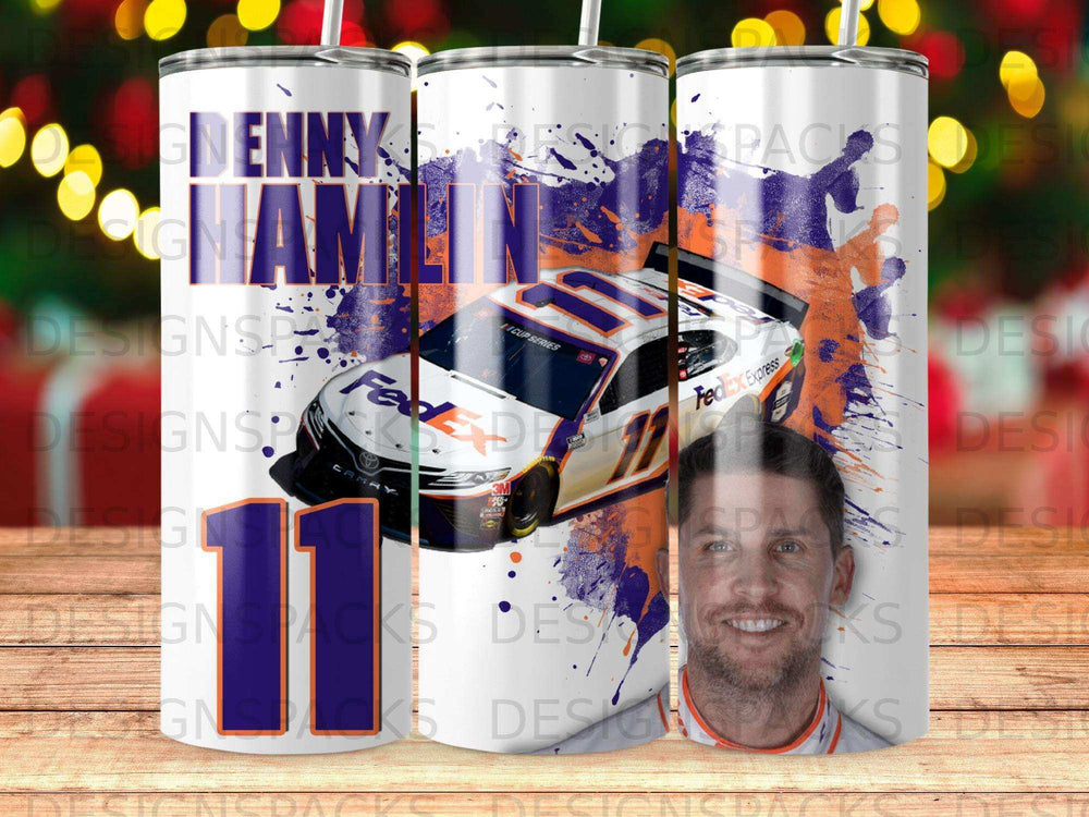 Denny Hamlin's #11 FedEx Express race car with driver portrait.