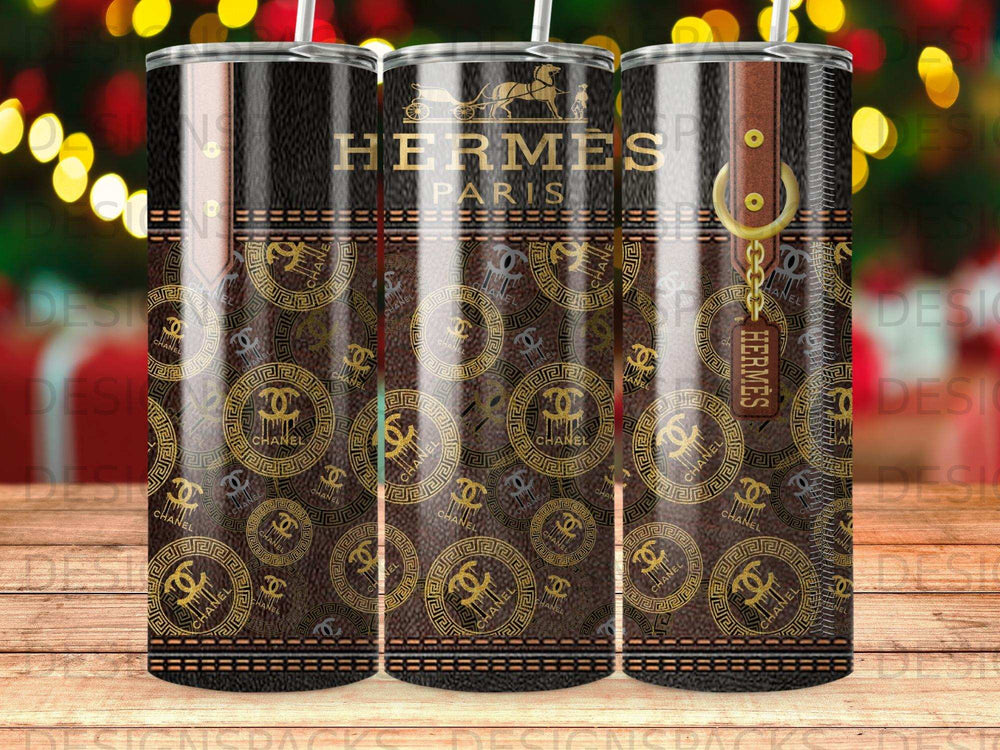 Hermes Paris and Chanel logos pattern on three tumblers.