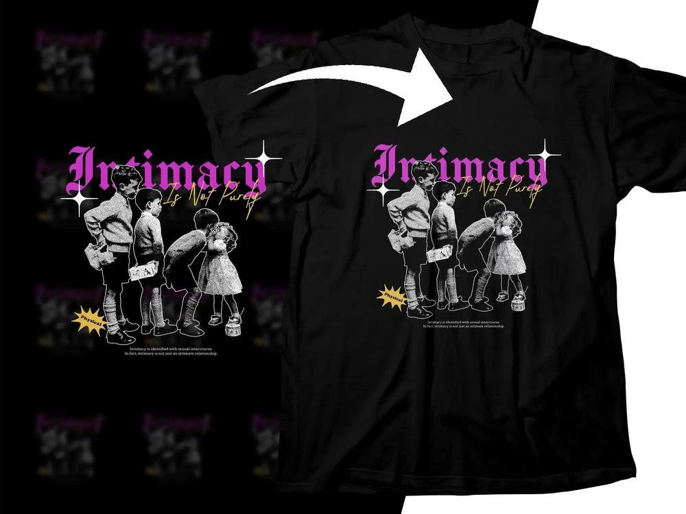 Black t-shirt with 'Intimacy Is Not Purely Physical' design, vintage kids graphic, purple text