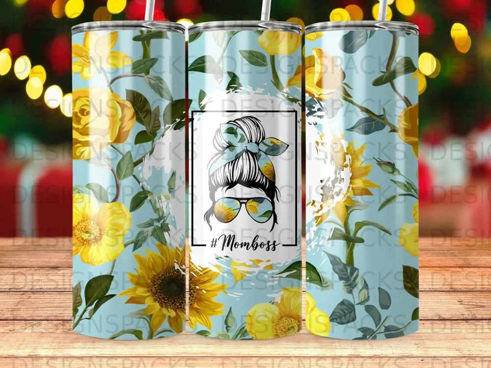 Sunflower tumbler with "Mom boss" and sunglasses design.