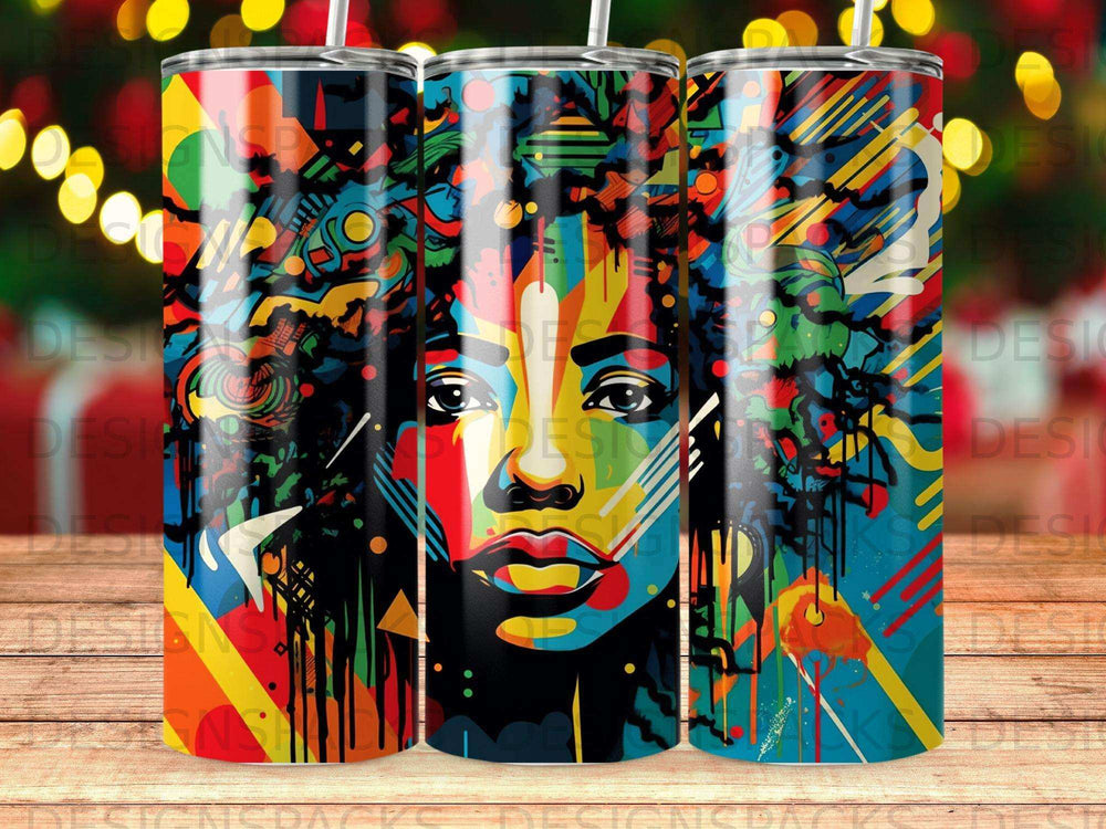 Abstract portrait of a woman with colorful geometric patterns and dripping paint.