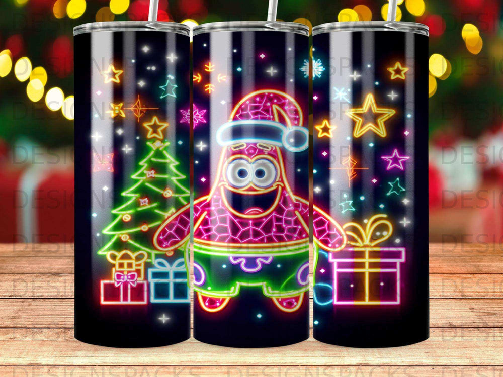 Patrick Star in Santa hat with Christmas tree and gifts, neon style.