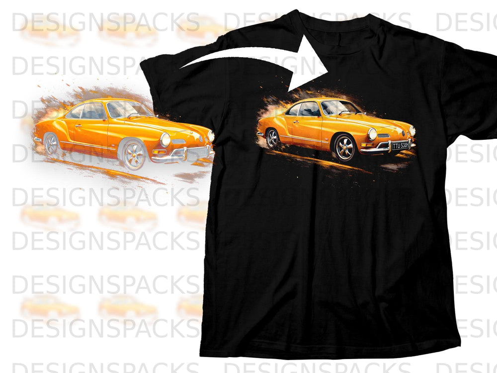 Black t-shirt with an orange vintage car graphic that has a license plate reading "TTU 538H".