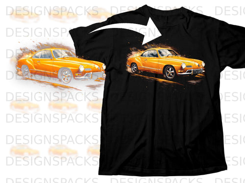 Black t-shirt with an orange vintage car graphic that has a license plate reading 