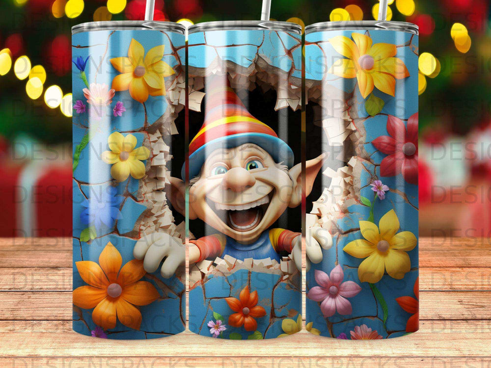 Smiling elf with colorful flowers bursting through a cracked blue wall.