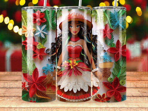 Woman in red and white floral dress with hat, surrounded by paper flowers.