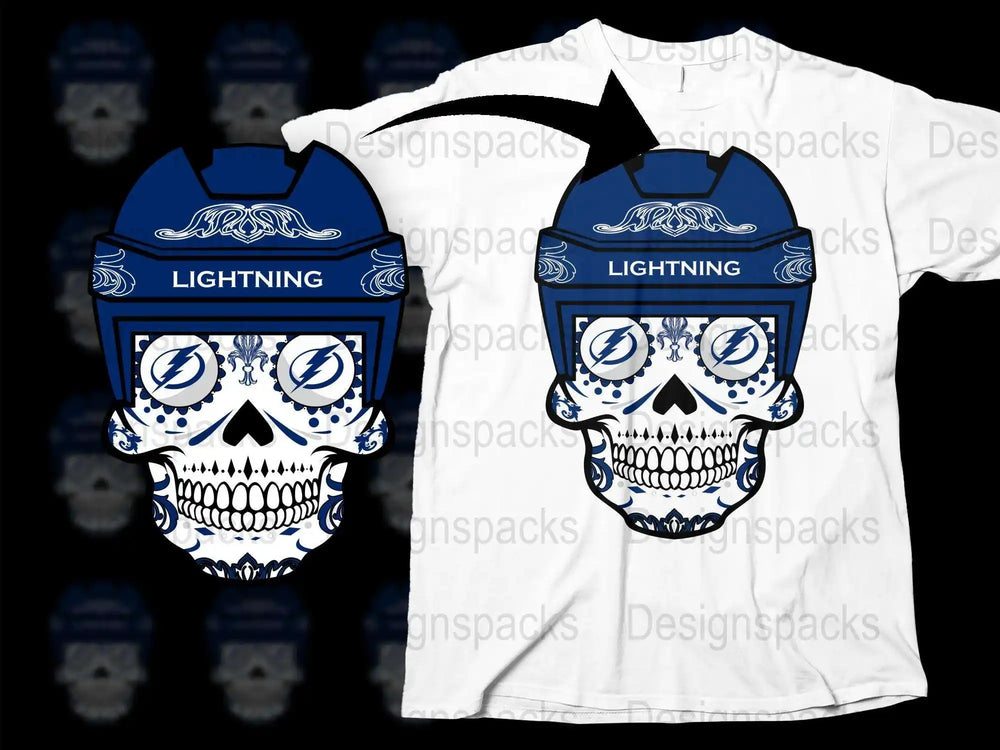 Gothic Skull T-Shirt, Blue Lightning Graphic, Bold Unisex Streetwear, Cotton Tee