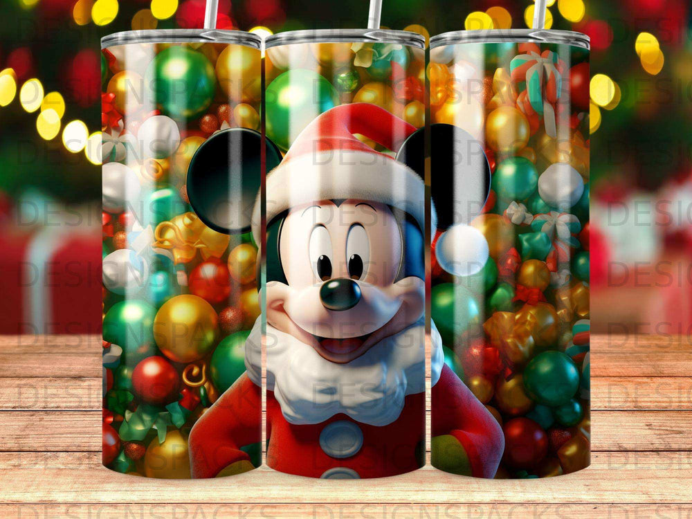 Mickey Mouse in Santa hat with festive Christmas ornaments background.