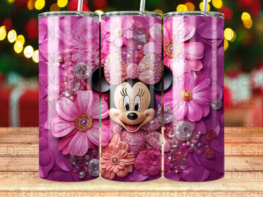 Minnie Mouse surrounded by pink flowers and rhinestones on a tumbler.