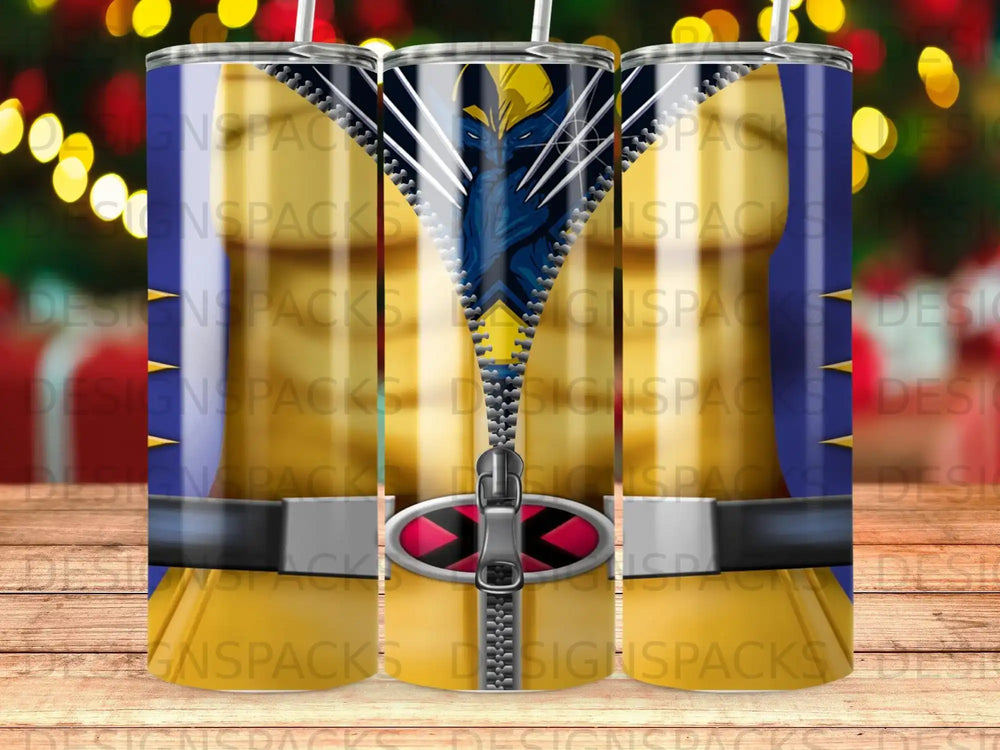 Wolverine costume design on a travel tumbler with yellow and blue accents.