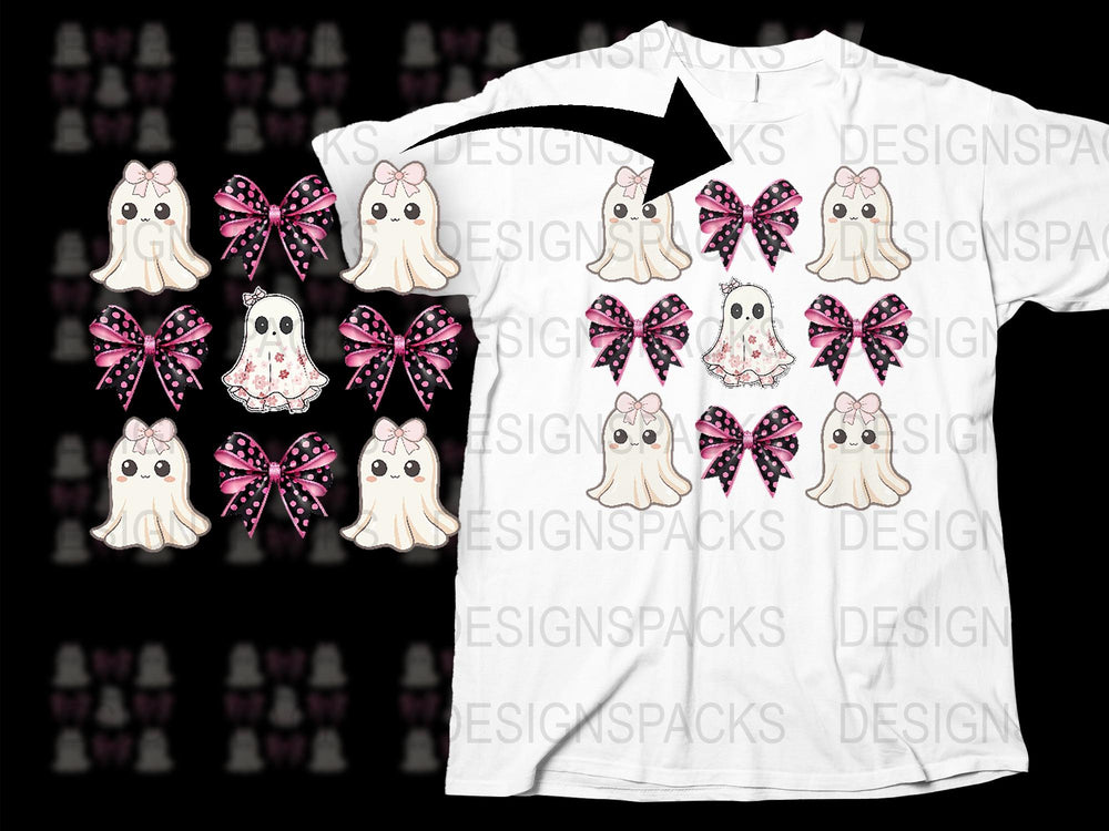 Cute Ghost T-Shirt with Pink Bows, Spooky Cartoon Ghost Pattern Tee, Unisex Ghost Apparel, Halloween Design