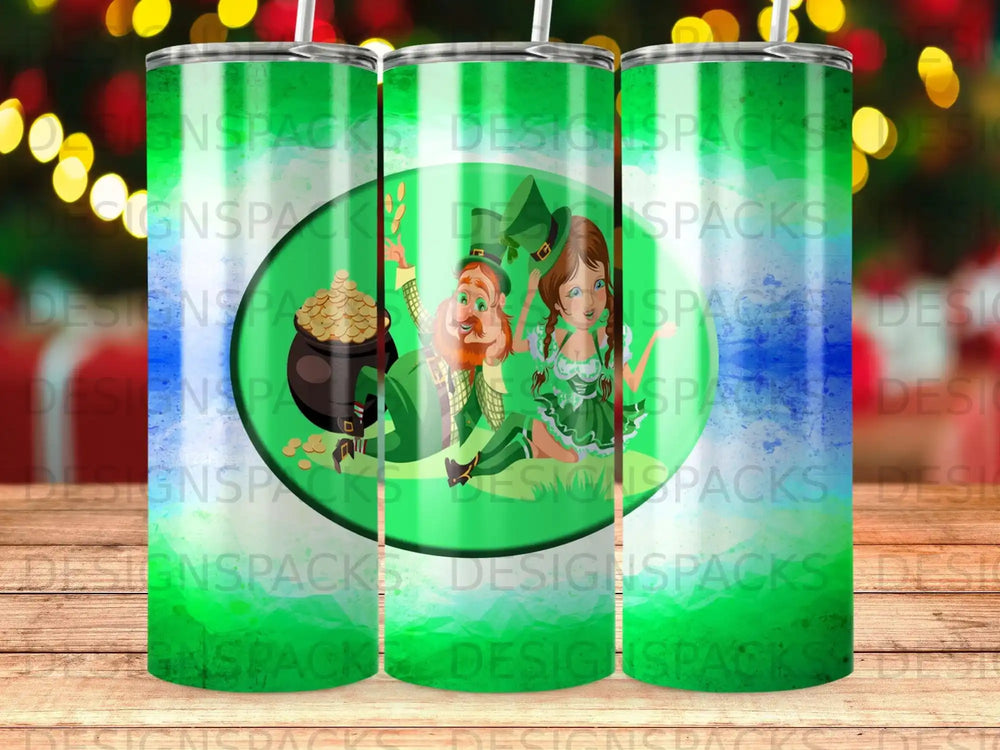 Green tumbler with leprechaun and pot of gold, St. Patrick's Day design.