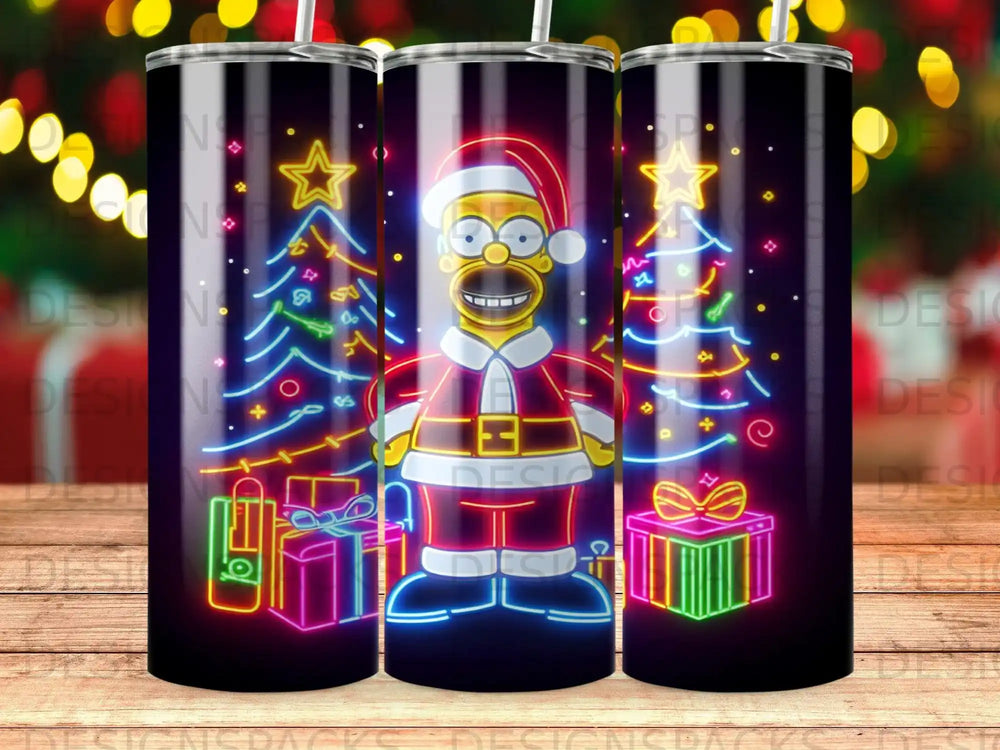 Homer Simpson in Santa costume with Christmas trees and gifts, neon design.