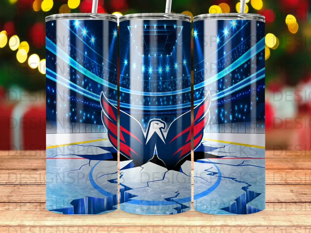 Washington Capitals logo on a cracked ice rink with stadium lights.