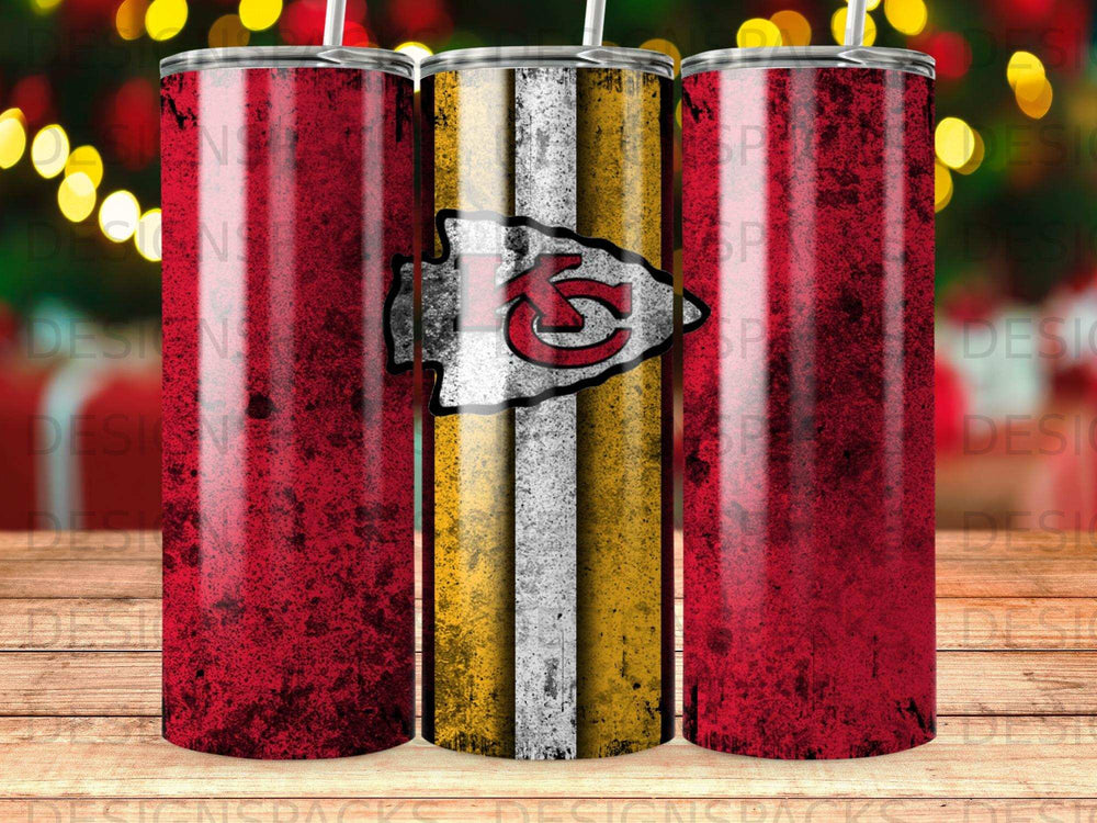 Kansas City Chiefs tumbler with red, yellow, and white stripes.