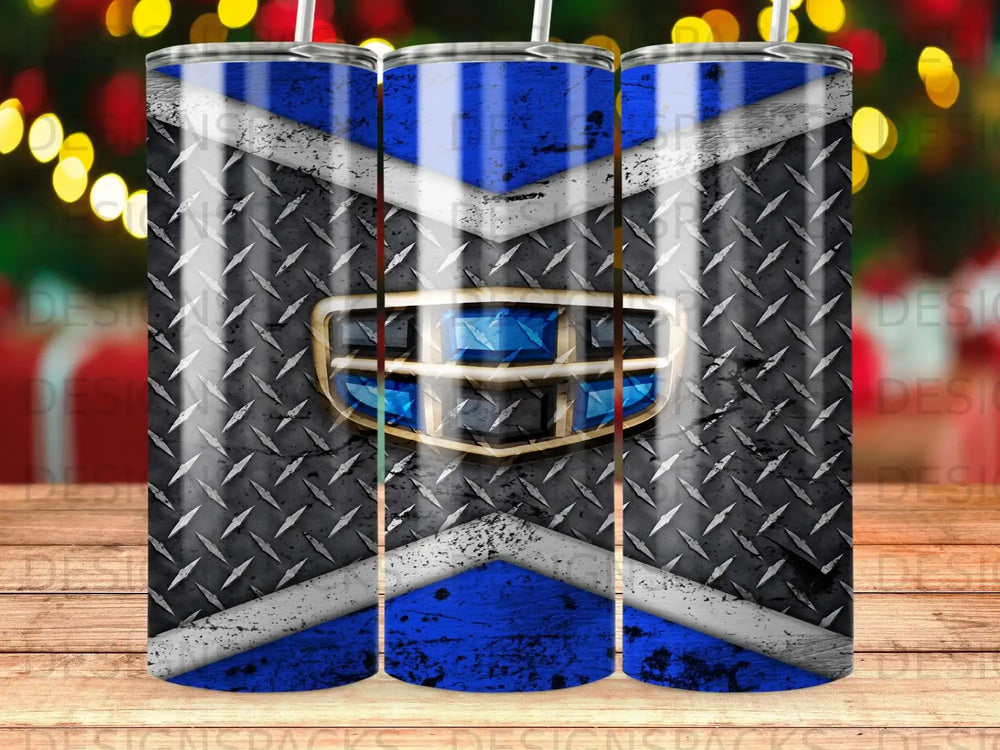 Rugged Diamond Plate Blue Gold Emblem design tumbler