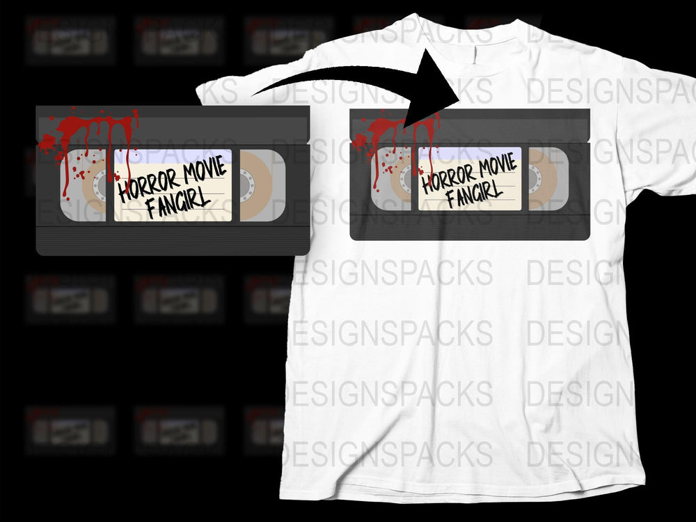 Horror Movie Fangirl T-Shirt, Unique VHS Tape Design, Retro Blood Splatter Graphic Tee, Gift for Movie Buffs