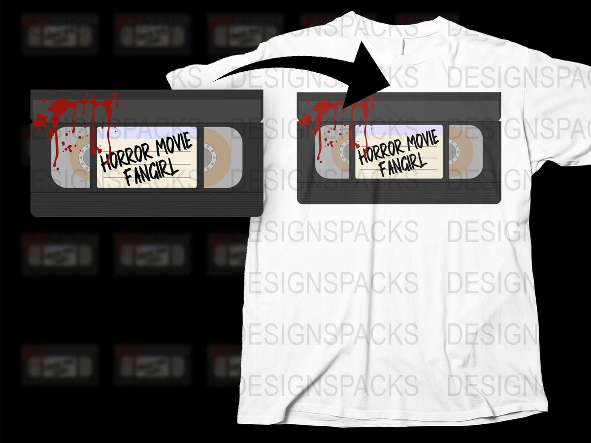 Horror Movie Fangirl T-Shirt, Unique VHS Tape Design, Retro Blood Splatter Graphic Tee, Gift for Movie Buffs
