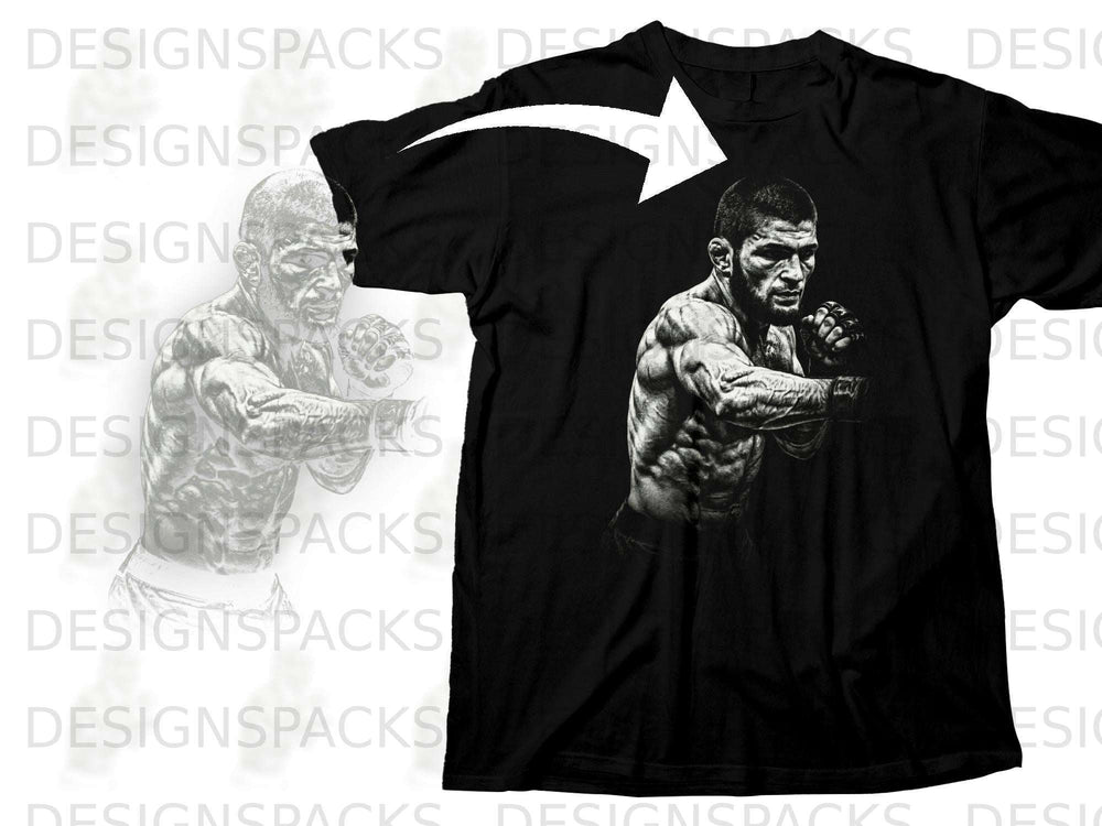 Black t-shirt with a black and white graphic of a muscular fighter.