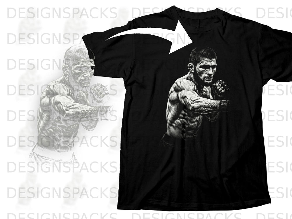 Black t-shirt with a black and white graphic of a muscular fighter.