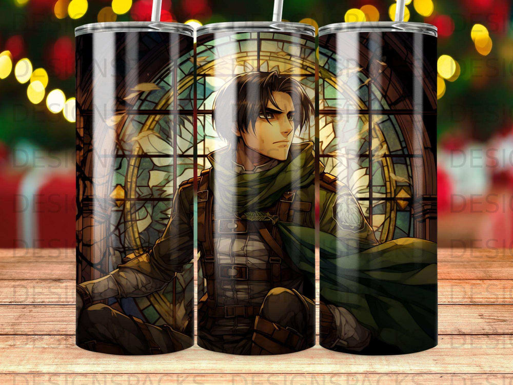 Anime character with green cloak sitting by stained-glass window.