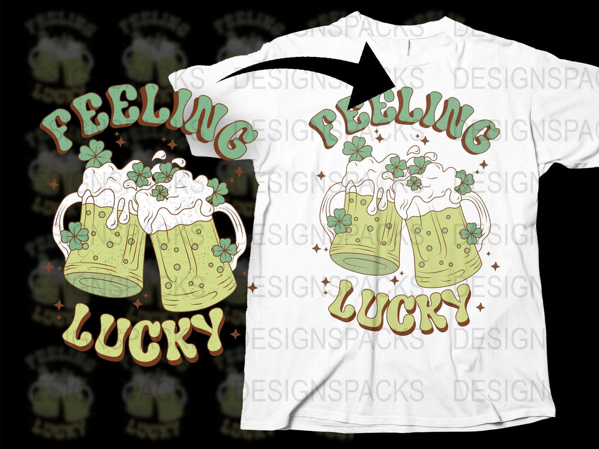 Feeling Lucky St. Patrick's Day T-Shirt, Green Beer Mugs Graphic Tee, Festive Irish Celebration Apparel