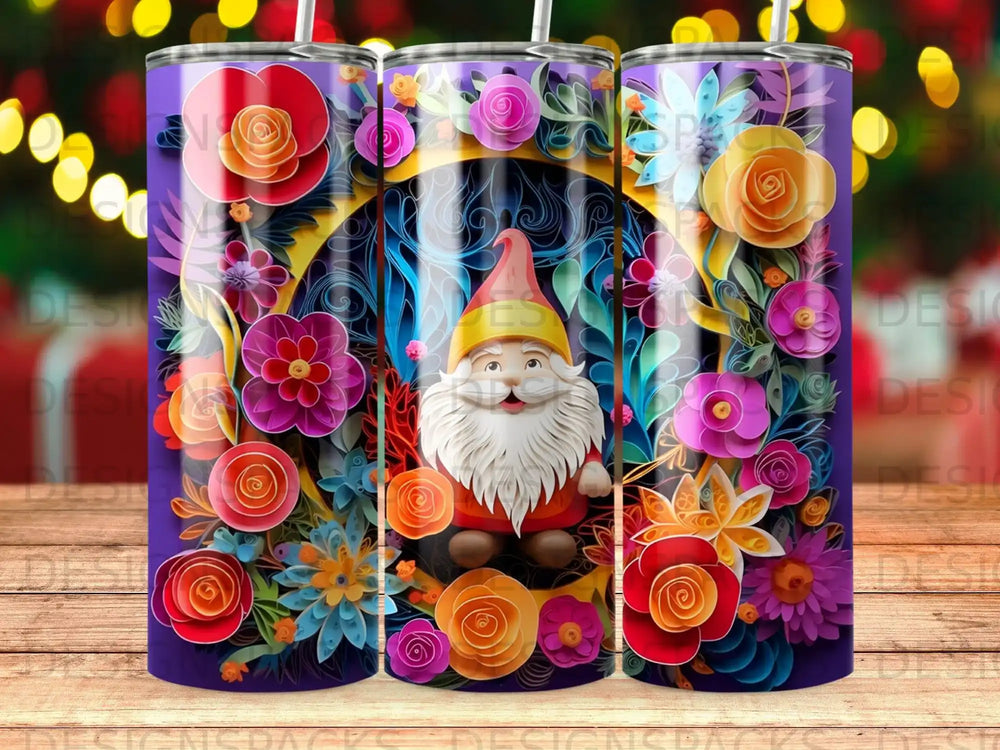 Gnome in garden with colorful flowers and ornate circular frame.