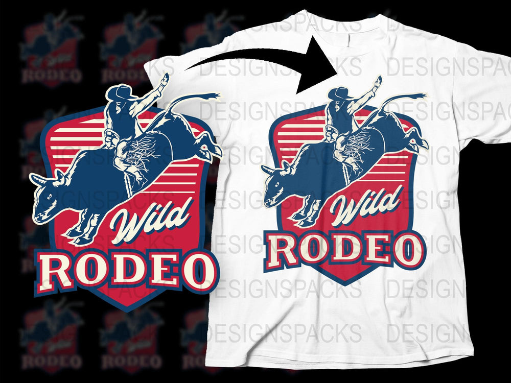 Wild Rodeo Bull Riding Graphic T-Shirt, Cowboy Western Style Tee, Patriotic American Flag Design Shirt for Men and Women