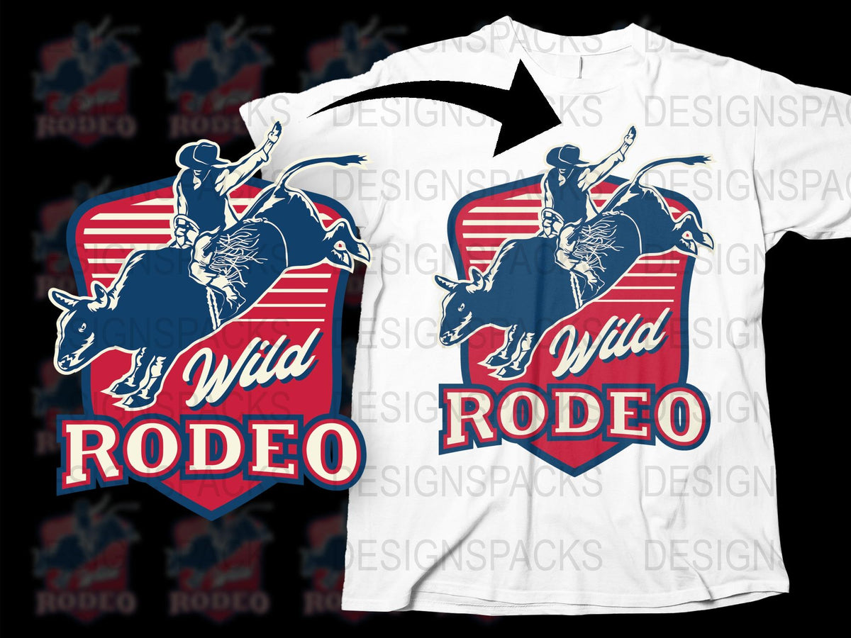 Wild Rodeo Bull Riding Graphic T-Shirt, Cowboy Western Style Tee, Patriotic American Flag Design Shirt for Men and Women