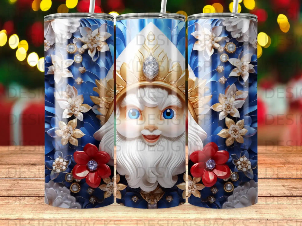 Santa Claus with blue and white floral patterned tumbler.