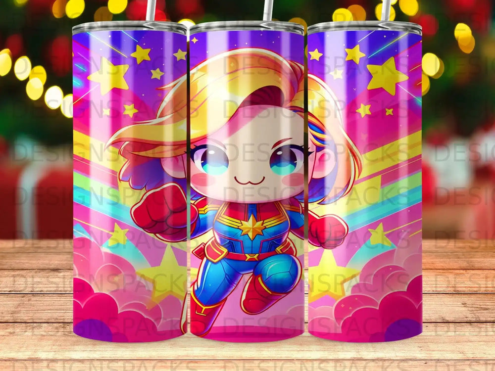 Cartoon Captain Marvel in dynamic pose on starry background.