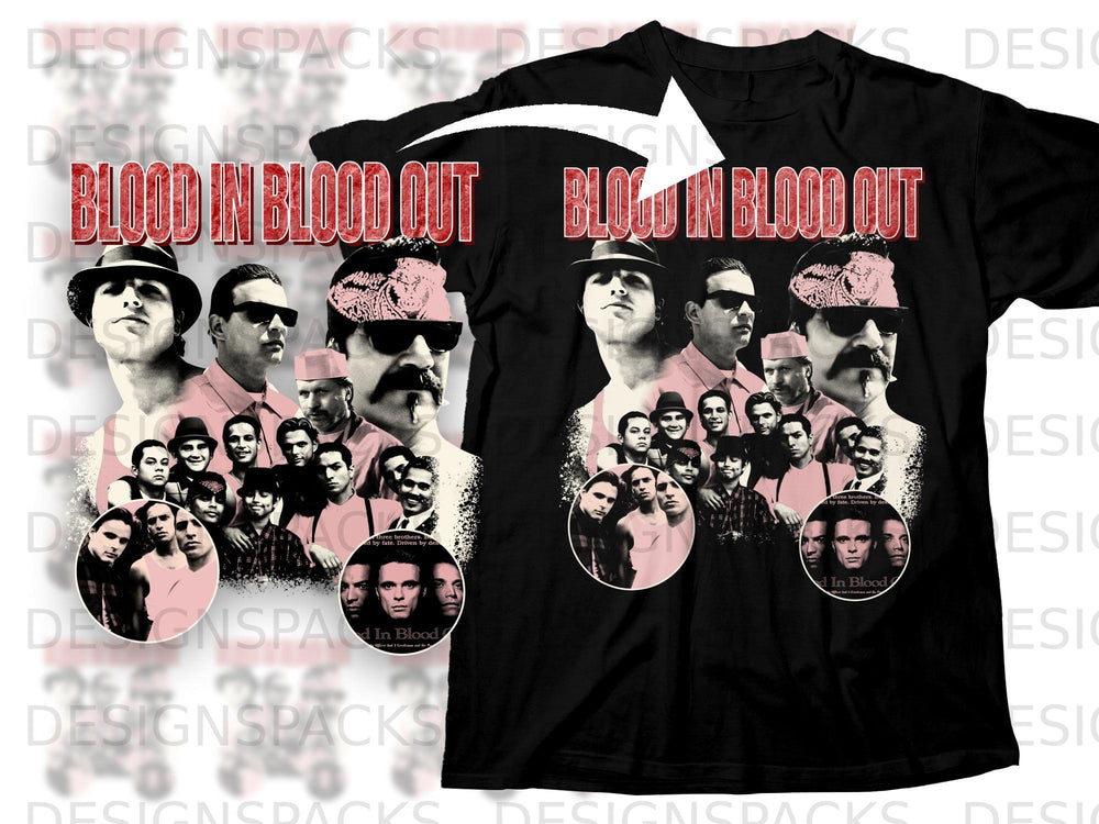 Black t-shirt with "Blood In Blood Out" graphic featuring movie stills of cast members.