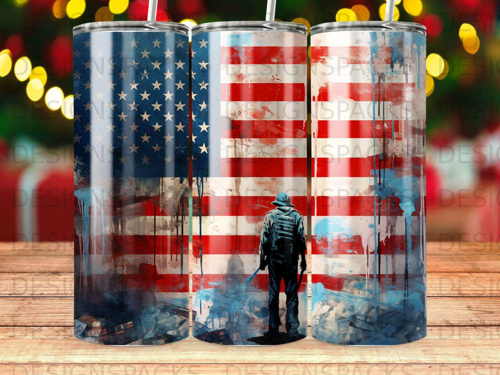 Soldier facing American flag with distressed brushstrokes and paint splatters.