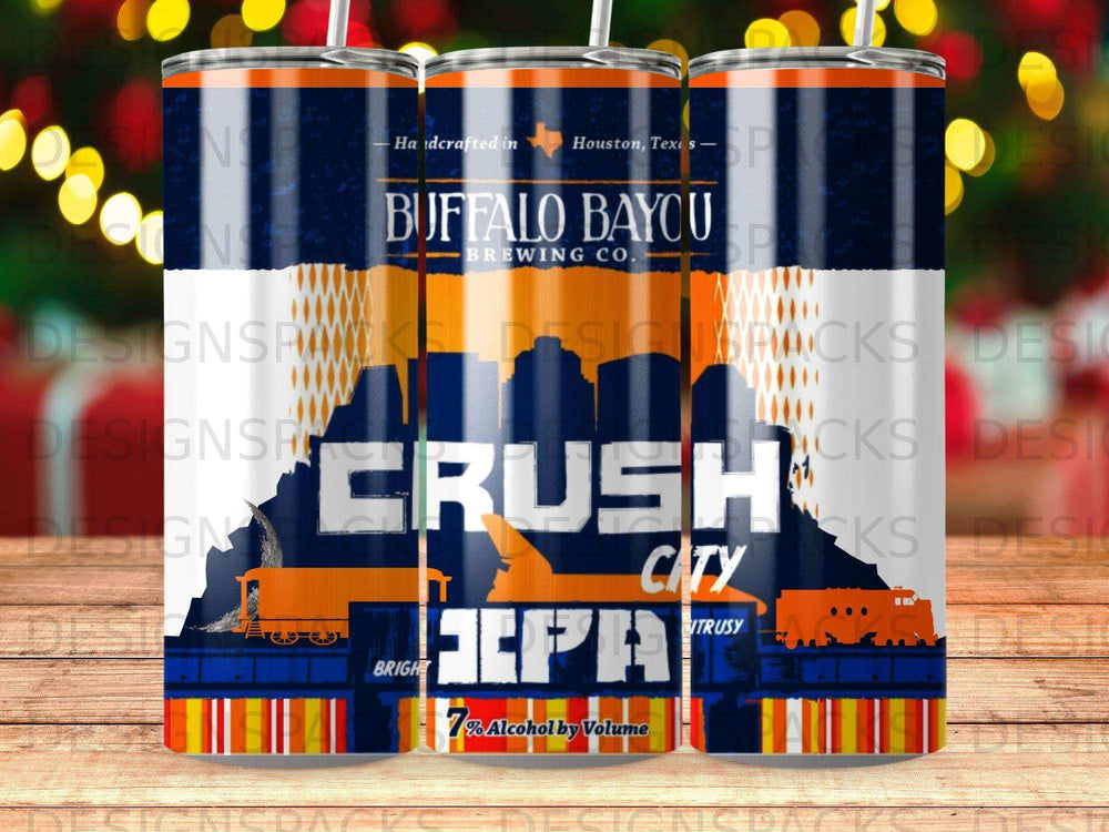 Buffalo Bayou Brewing Co. Crush City IPA tumbler with Houston skyline and "7% Alcohol by Volume".