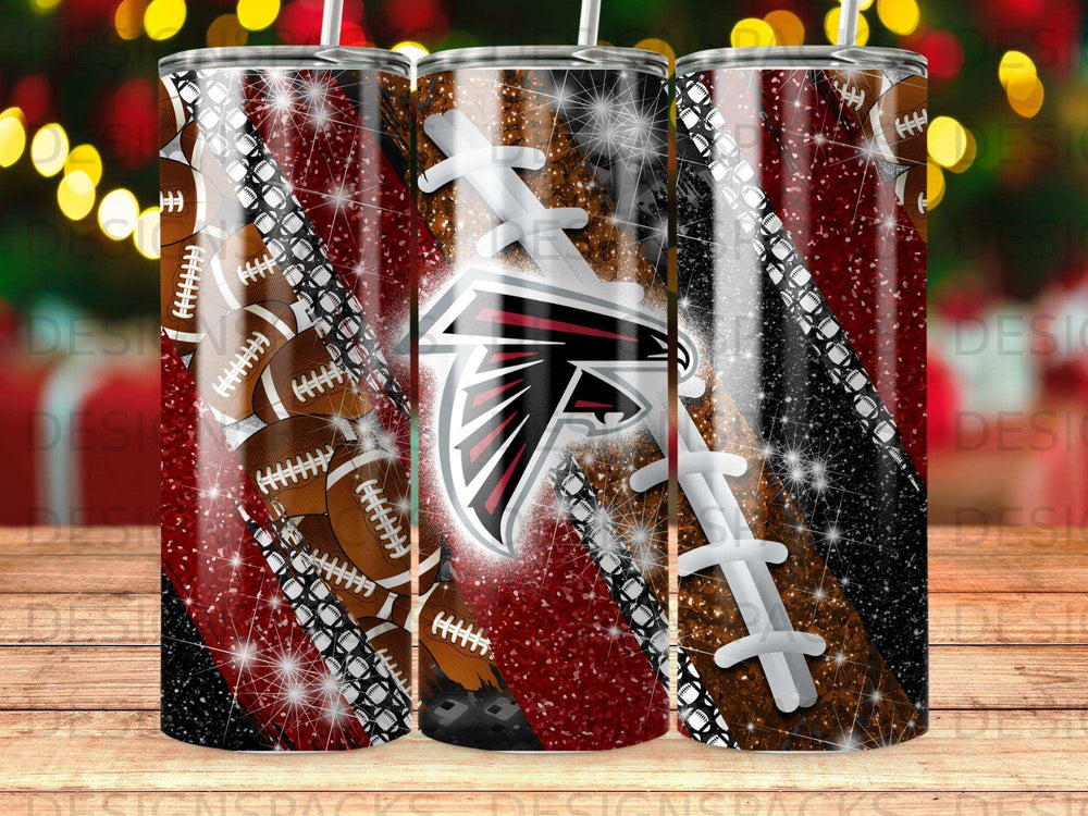 Atlanta Falcons football team logo on a sparkly tumbler with football patterns.