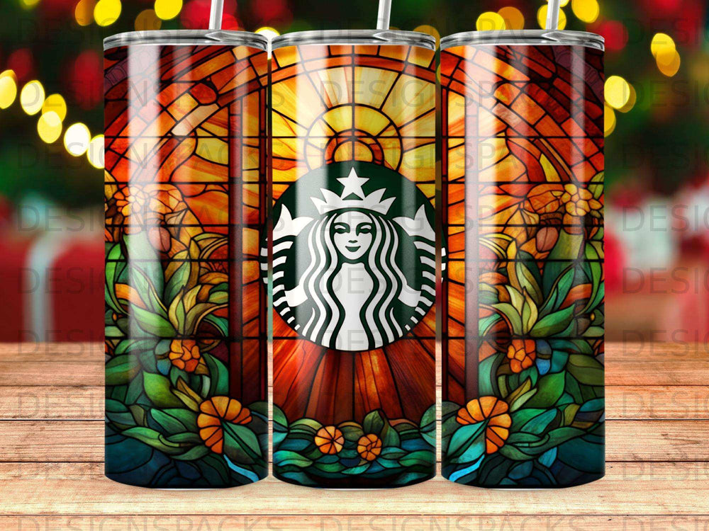 Starbucks logo on a stained glass pattern tumbler.