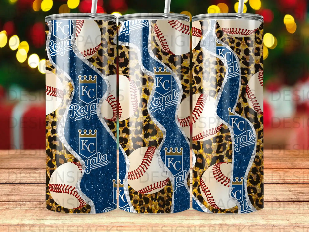 Baseball and leopard print tumbler with blue wavy stripes and "KC Royal" text.