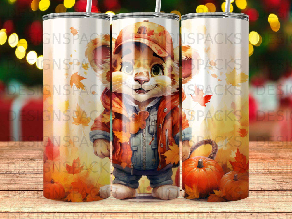 Cute lion character in autumn clothing with pumpkins.
