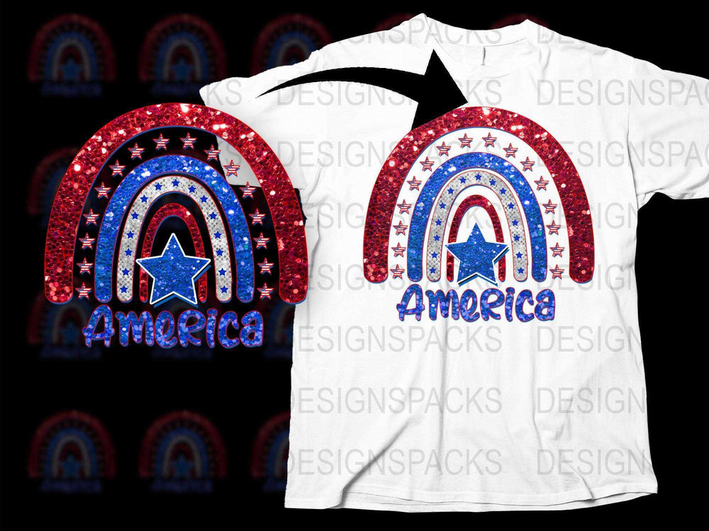 Patriotic America T-Shirt, Red White Blue Stars Stripes, Sparkle Design, July Fourth Apparel
