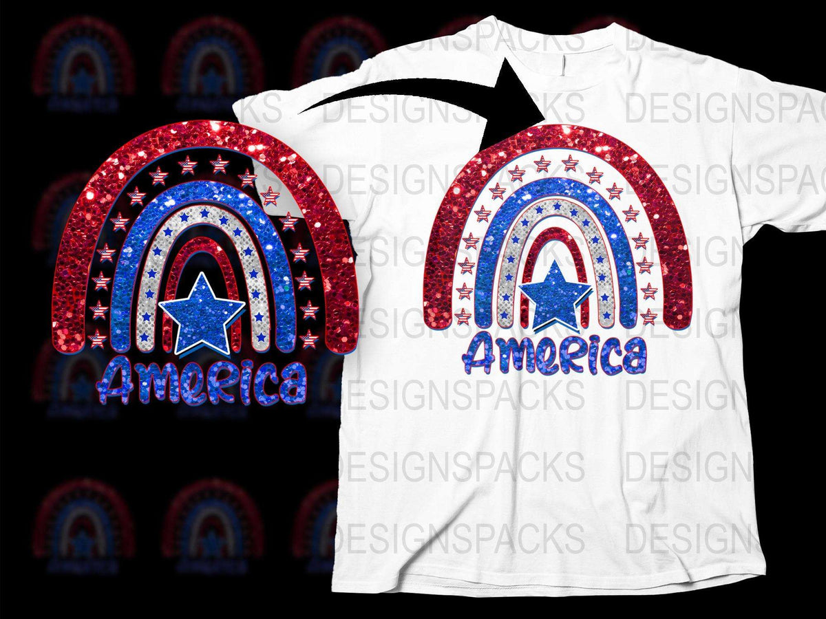 Patriotic America T-Shirt, Red White Blue Stars Stripes, Sparkle Design, July Fourth Apparel