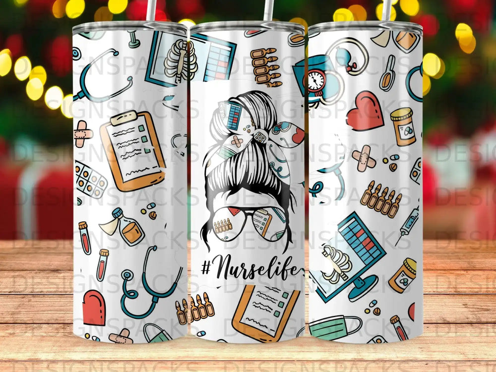Tumbler with medical icons and #Nurselife text.