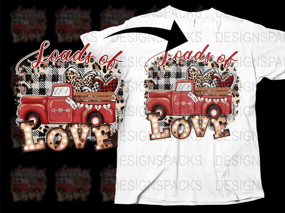 Vintage Red Truck T-Shirt, Loads of Love Valentine's Day Tee, Heart Graphic, Leopard Print Background, Festive Holiday Apparel