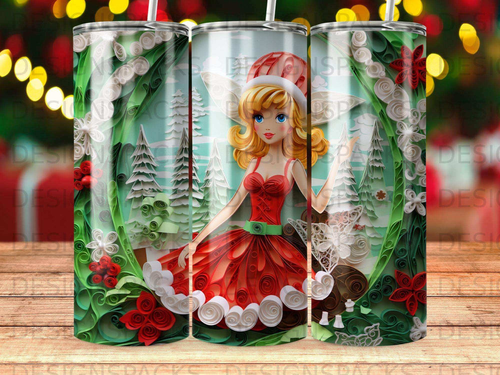 Christmas fairy in red dress surrounded by paper crafts and festive decor.