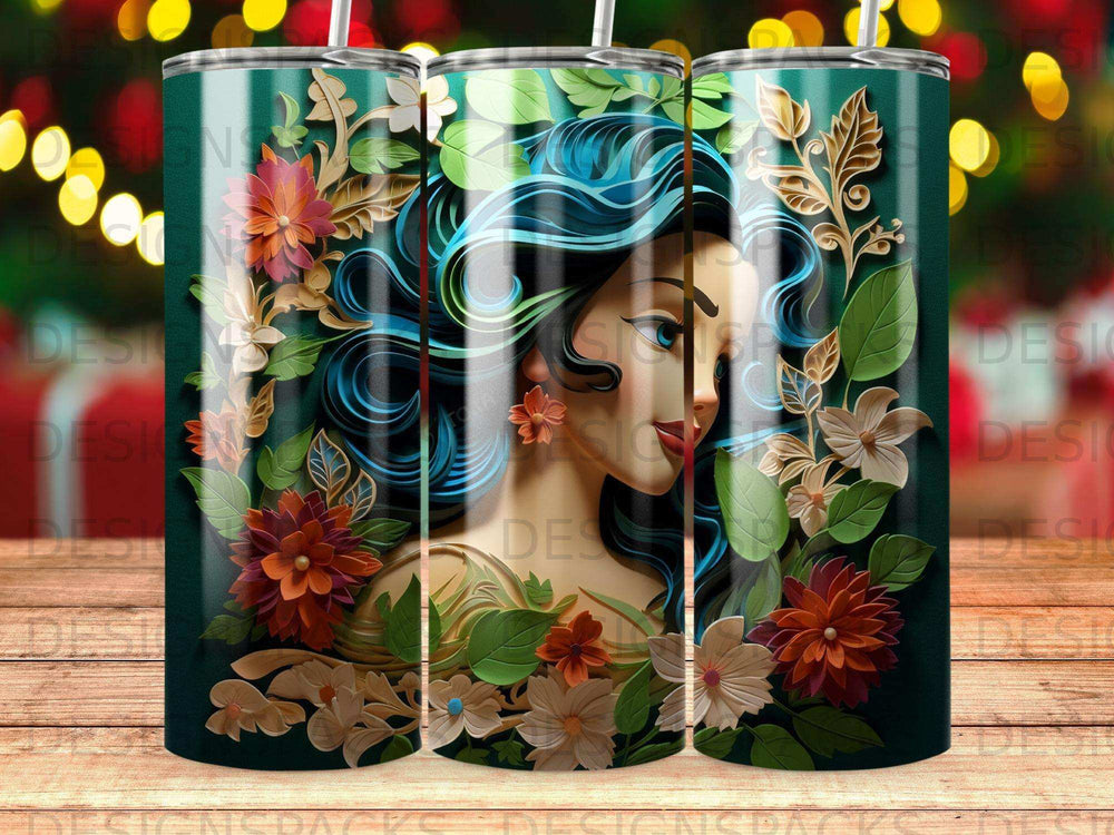 Woman with long blue hair surrounded by colorful flowers and leaves.