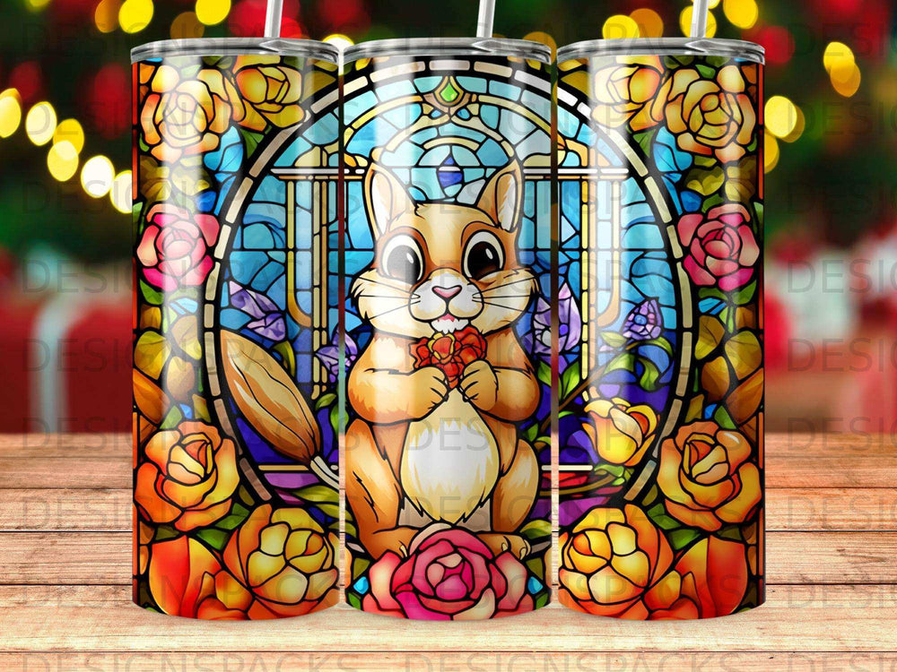 Bunny with flower in stained glass window surrounded by roses.