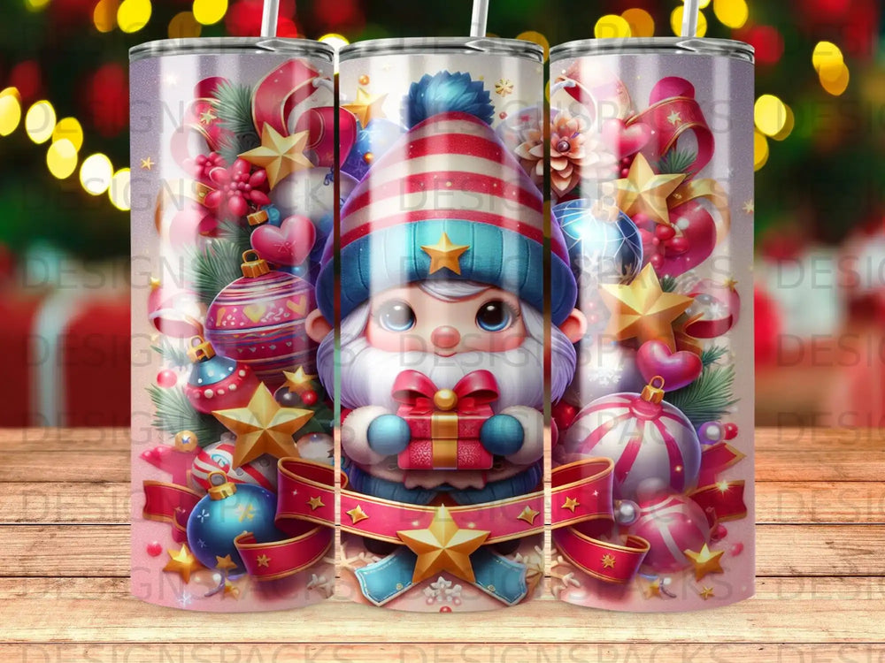 Gnome holding gift surrounded by Christmas ornaments and candy canes.
