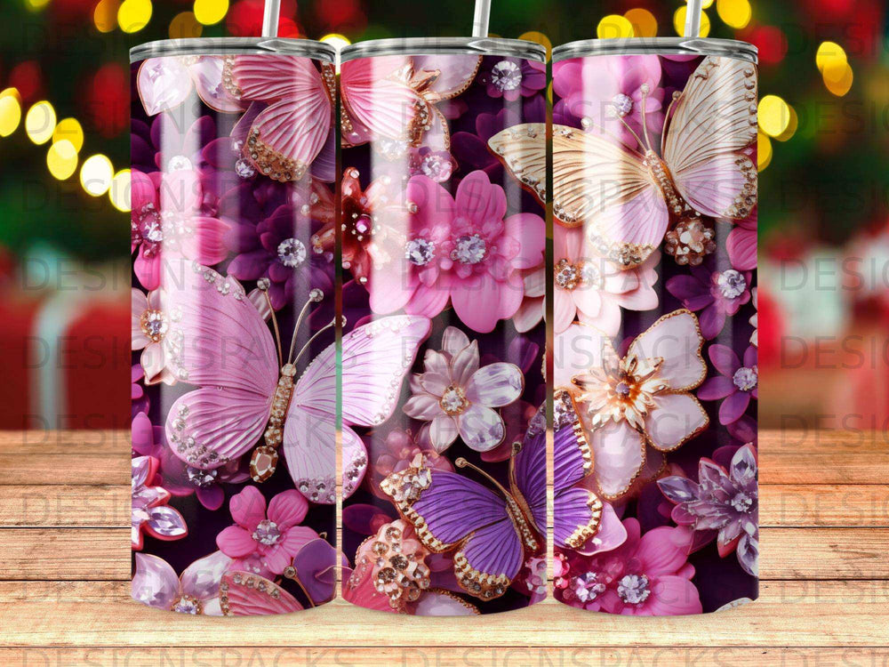 Pink and purple floral pattern with butterflies and glitter accents.