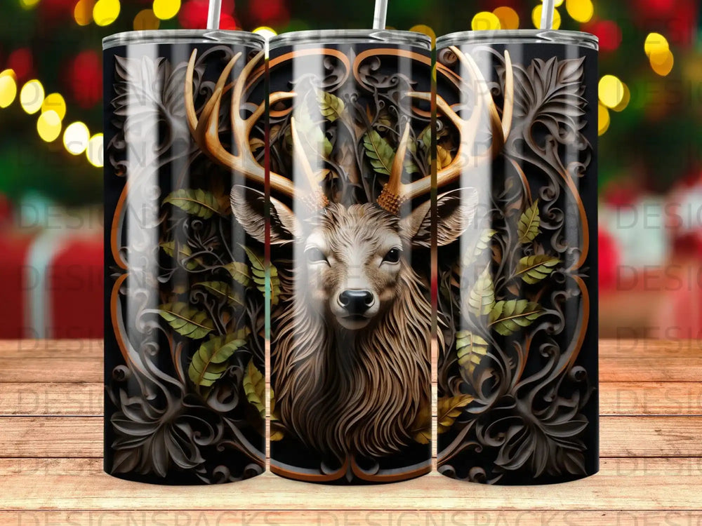 Deer head with ornate swirling leaves and dark background.