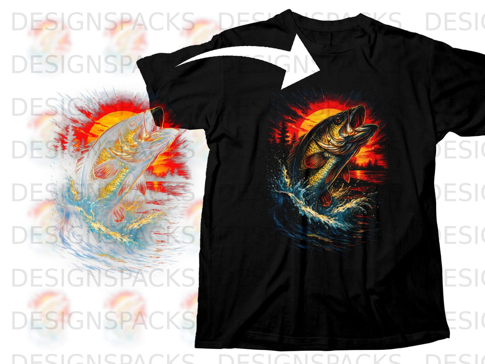 Black t-shirt with a bass leaping from water during a vibrant sunset.